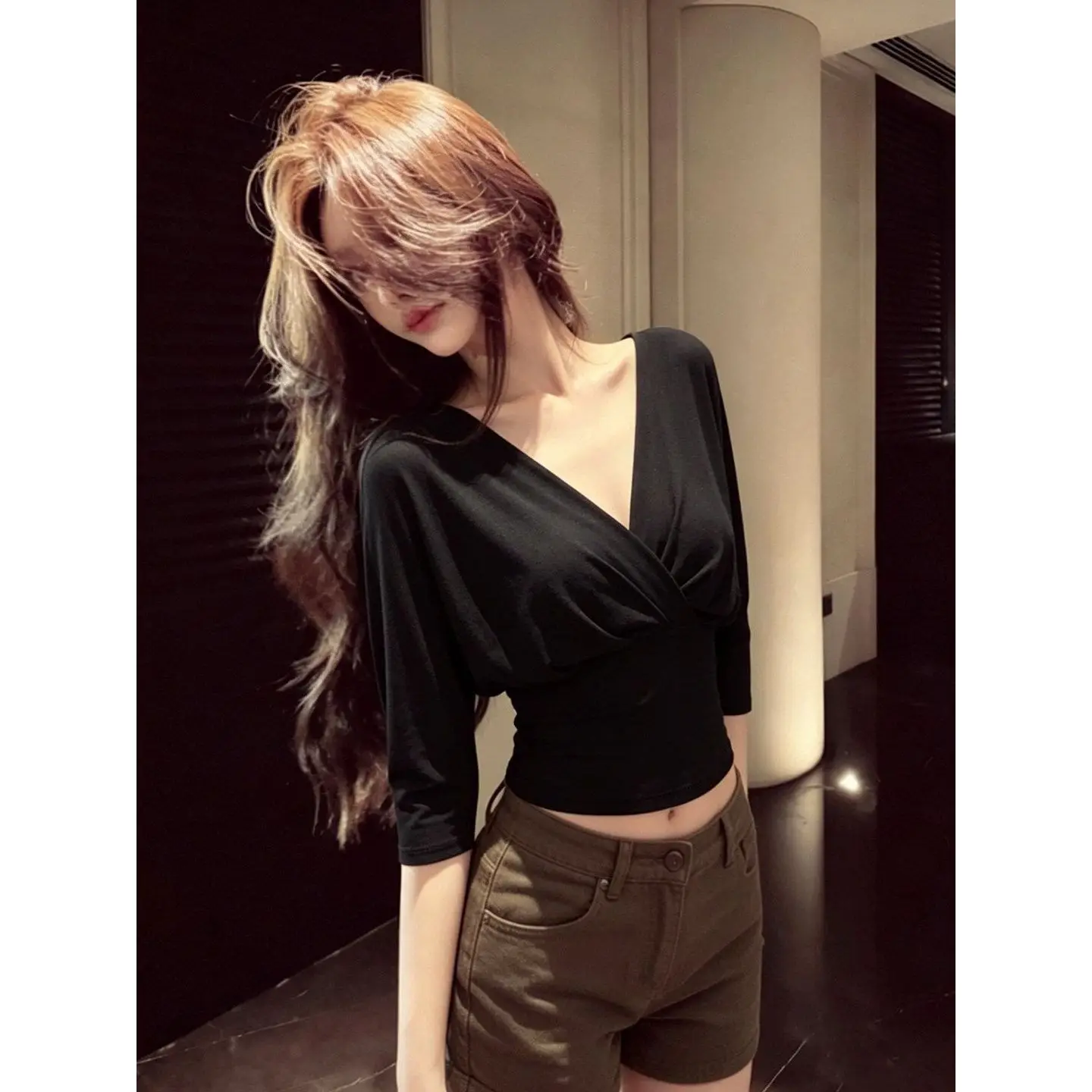 Ultra-Hand Feel Modal Cotton Black Cross V-Neck Mid-Sleeve Women's T-Shirt Slimming Short Style Korean Fashion Summer Top