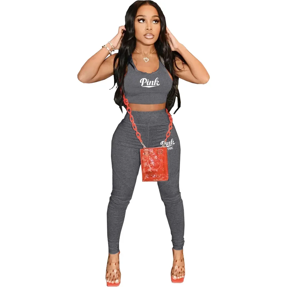 2024 Spring Summer Sexy Pink Letter Print Women Two Piece Sets Femme Tracksuit Slim Casual Top + Pants Sport Suit Jogger Outfits