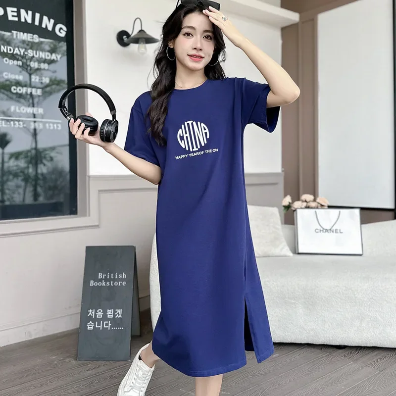 Summer Fashion New Letter Printed T Shirt Dress Short Sleeve O-Neck Solid Office Lady Slit Dresses Fashion Casual Women Clothing