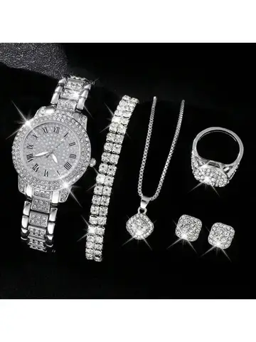 Full Diamond Roman Literal Steel Strip Watch with Starry Charm Business Quartz Watch Set