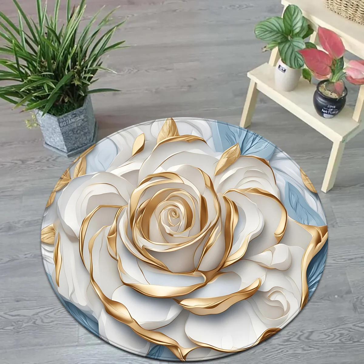 Round Floor Mat with White Rose & Gold Motif – Elegant Decor for Bedroom & Living Room