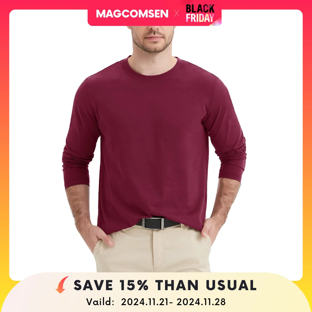 MAGCOMSEN Men's Long Sleeve Cotton T-shirt Spring Leisure Pullover Crew Neck Basic Tops Breathable Moisture Wicking Casual Tees