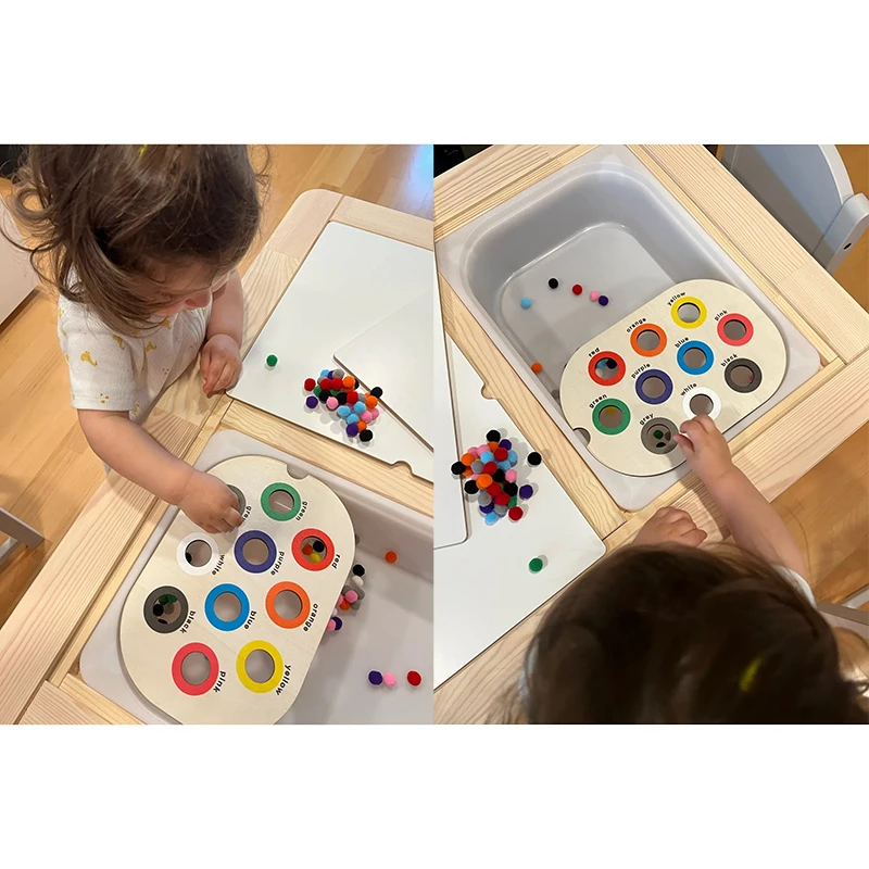 Bandeja sensorial de mesa para niños, juego de bolas de pelo de Color, azulejo de madera, Montessori, juguetes de Educación Temprana, accesorios