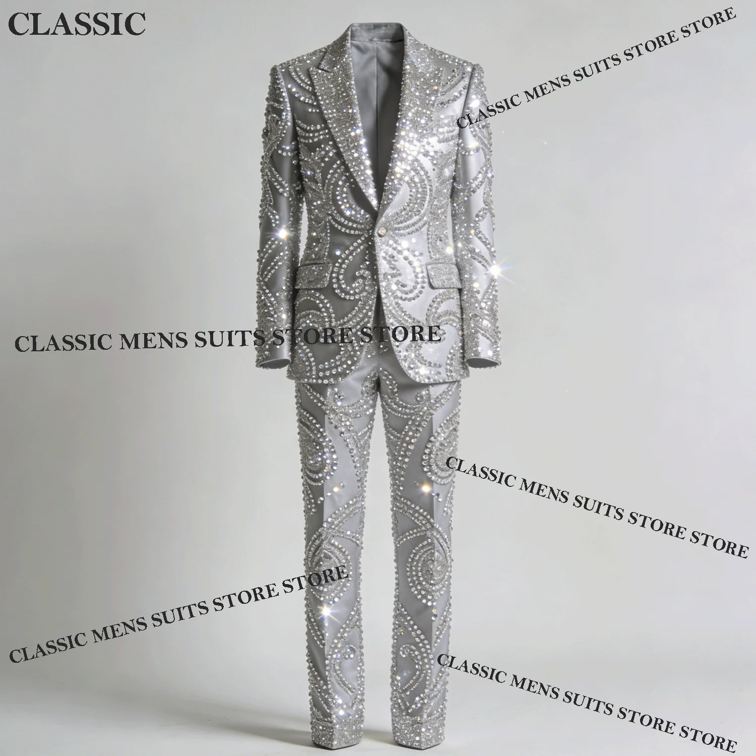 Glitter Wedding Tuxedos hombre Coat Style Men Suit 2 Piece Sets Groom Male Blazers Customized Rhinestone Beaded Peaked Lapel Rop