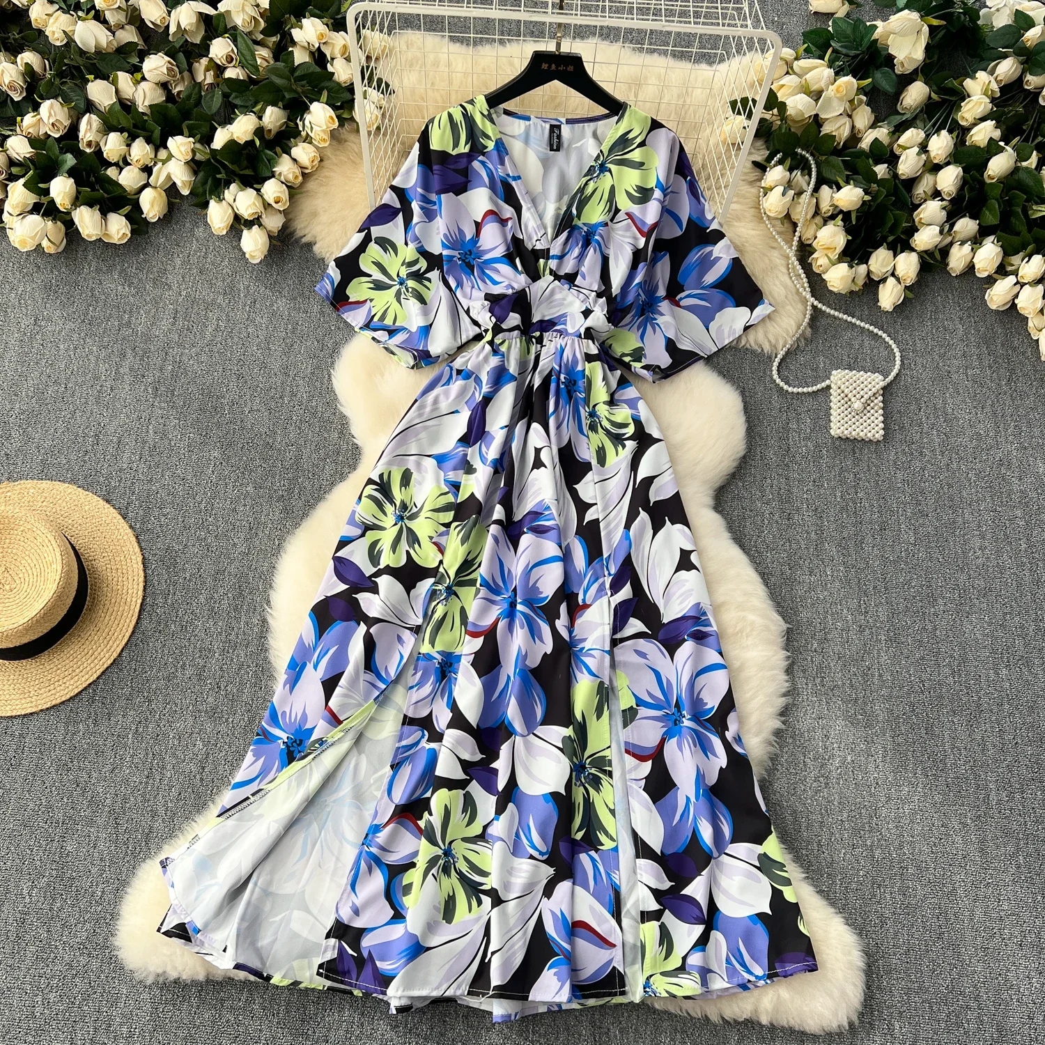 Nuova estate profondo scollo a V romantico stampa floreale abito da donna elegante manica corta divisa abiti da festa vacanza abito da donna
