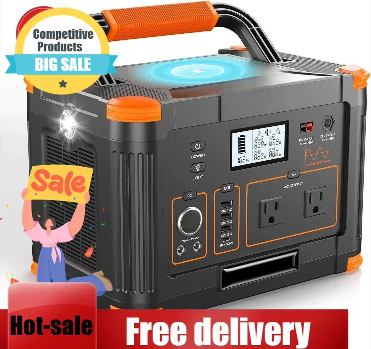 

Home Backup-999Wh Solar Powered Generator With 110V AC Outlet PD 60W Fast Charging Backup Lithium Battery Pack Power Supply For