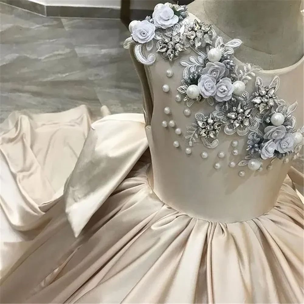 Vestido de satén con perlas de encaje champán para niña, vestido de flores con Espalda descubierta, tul elegante a la moda, vestido de boda para desfile de cumpleaños para niños