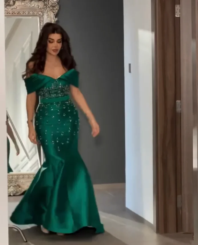 Охотничье зеленое вечернее платье русалки с кристаллами и открытыми плечами, с длинными рукавами, вечернее платье для выпускного вечера в Саудовской Аравии, индивидуальное платье