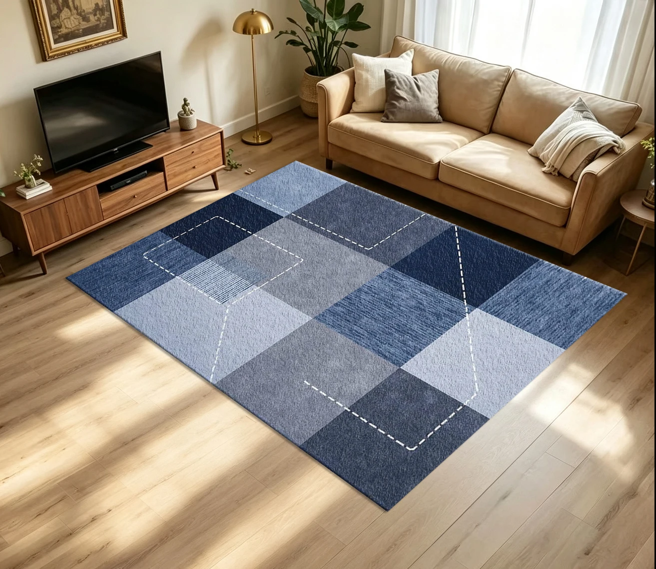 Modern Denim Patchwork Carpet Flooring Blue Tone Square Block Stitch Line Geometric Printed Floor Rug for Household Indoor Home Casual Decor