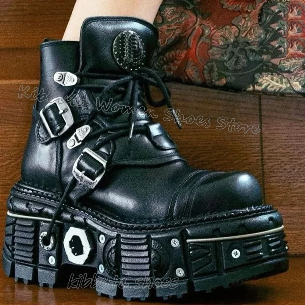 

Punk Rock Ankle Sneaker Boots Round Toe Chunky Heels Fashion Elegant Comfortable Sexy Novelty Lace-Up Women Shoes Newest Leather