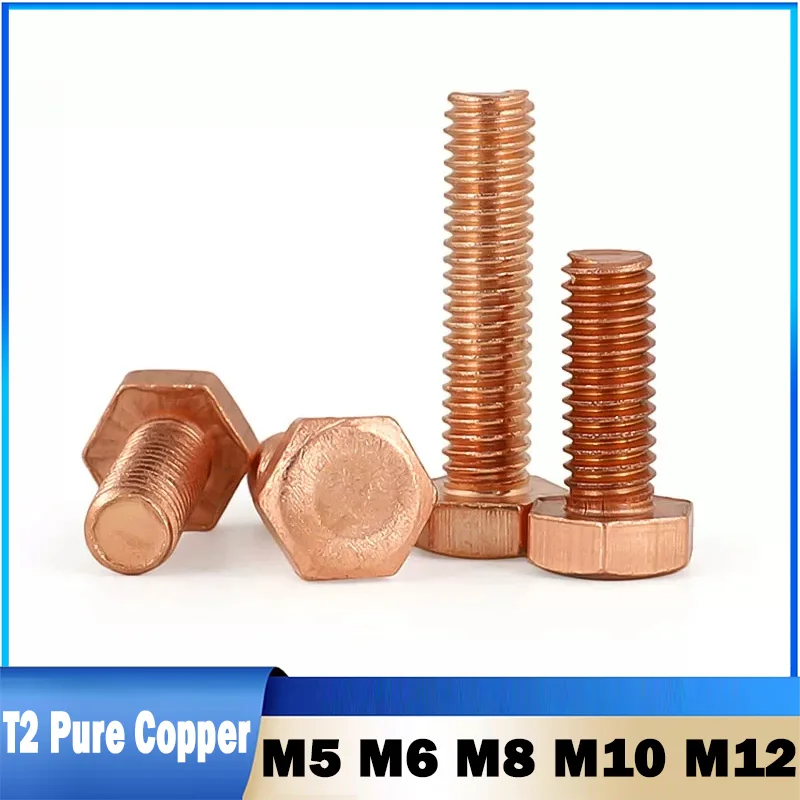 1Pcs M5 M6 M8 M10 M12 T2 Pure Copper Outer Hexagon Screw Electrolytic Copper Conductivity Bolt Length 12~100mm