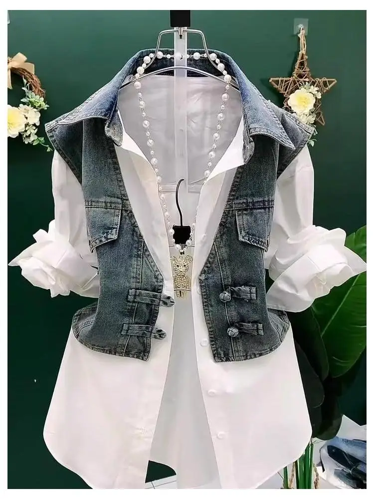 

Fashionable Collar Button down Shirt Denim Patchwork Fake Two-Piece Set Women's Summer Trendy Buckle Shirt Hollow out Lo...