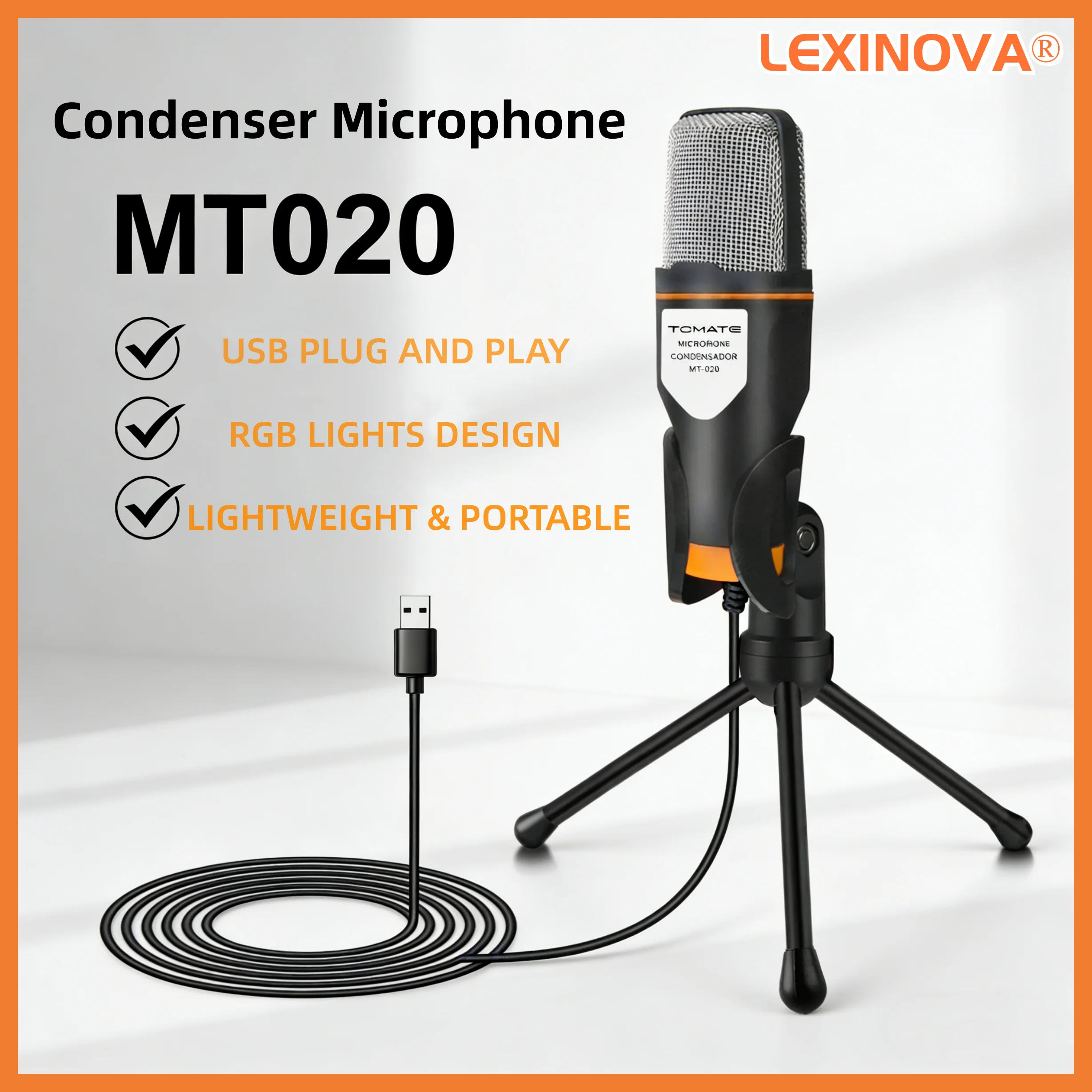 New MT-020 RGB Style USB Condenser Microphone Desktop Voice Recording Mic With Holder Support Laptop & Computer Plug and Play