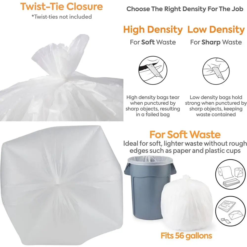 

50-56 Gallon Capacity, 43x48 High Density Natural Trash Bags, 16 Micron, 200 Count per Box