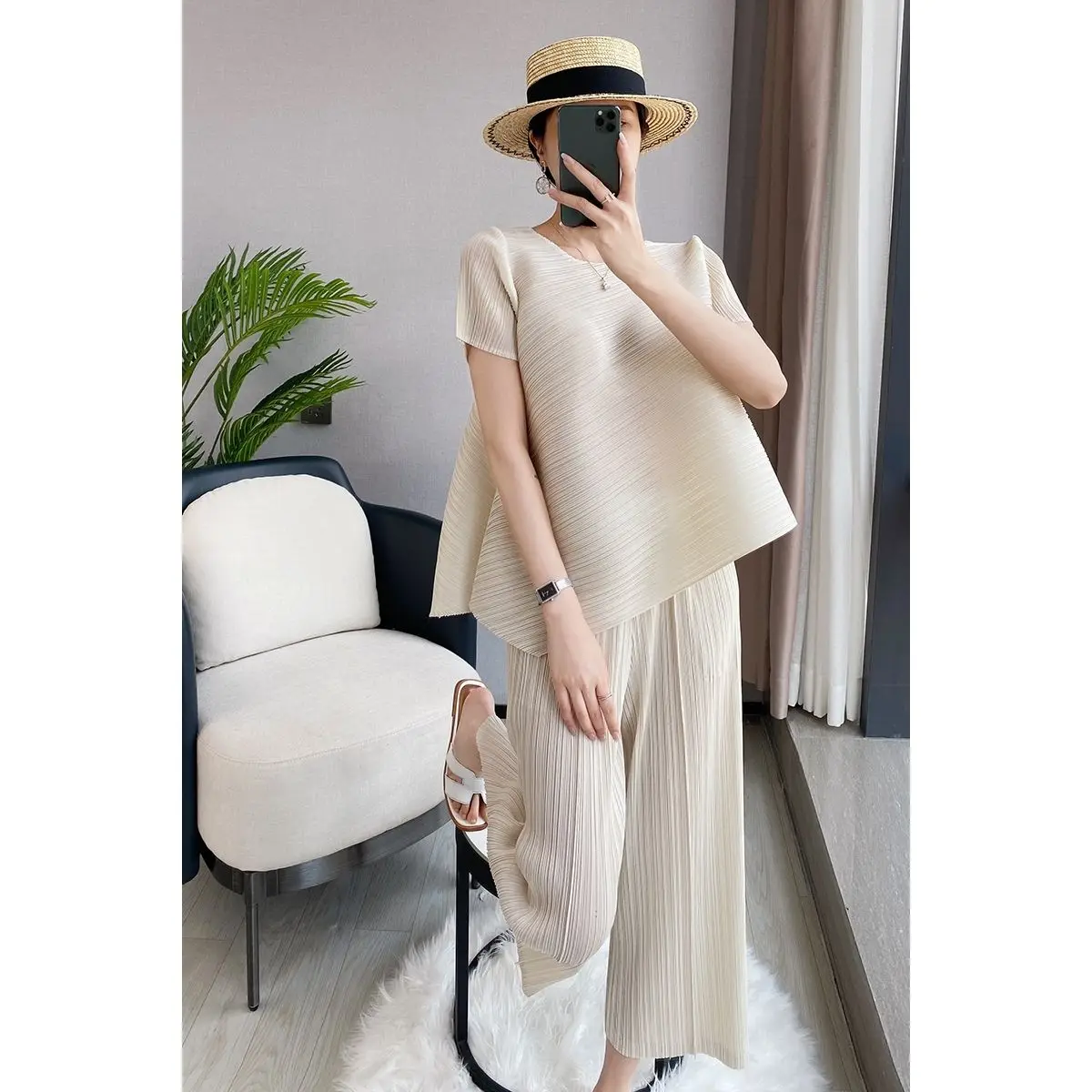 Pleated high class sets women summer loose irregular top nine straight leg pants western-style age reducing two-piece set female