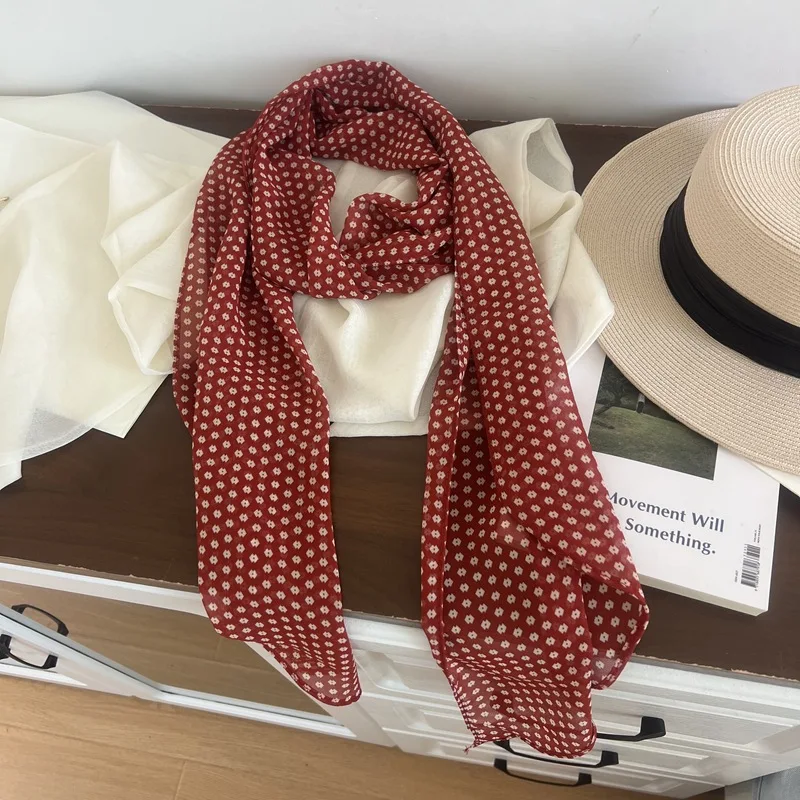 

Новый женский шелковый шарф, французский стиль на спине, синий длинный шифоновый шелковый шарф в горошек, отпуск, парный шейный платок, повязка на голову с лентой