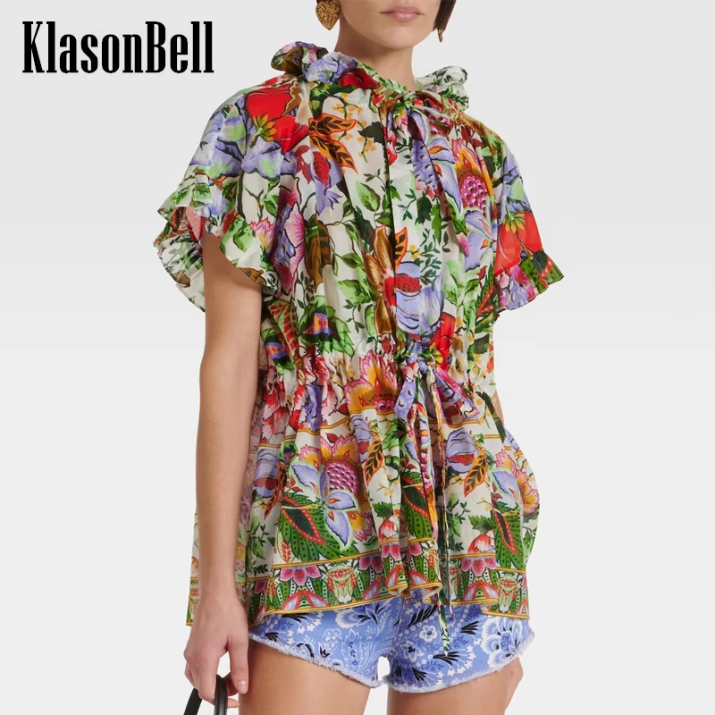 

6.11 KlasonBell Women Elegant Fashion Flower Print Ruffle Collar Blouse Lace-up Adjustable Collect Waist Short Sleeve Shirt