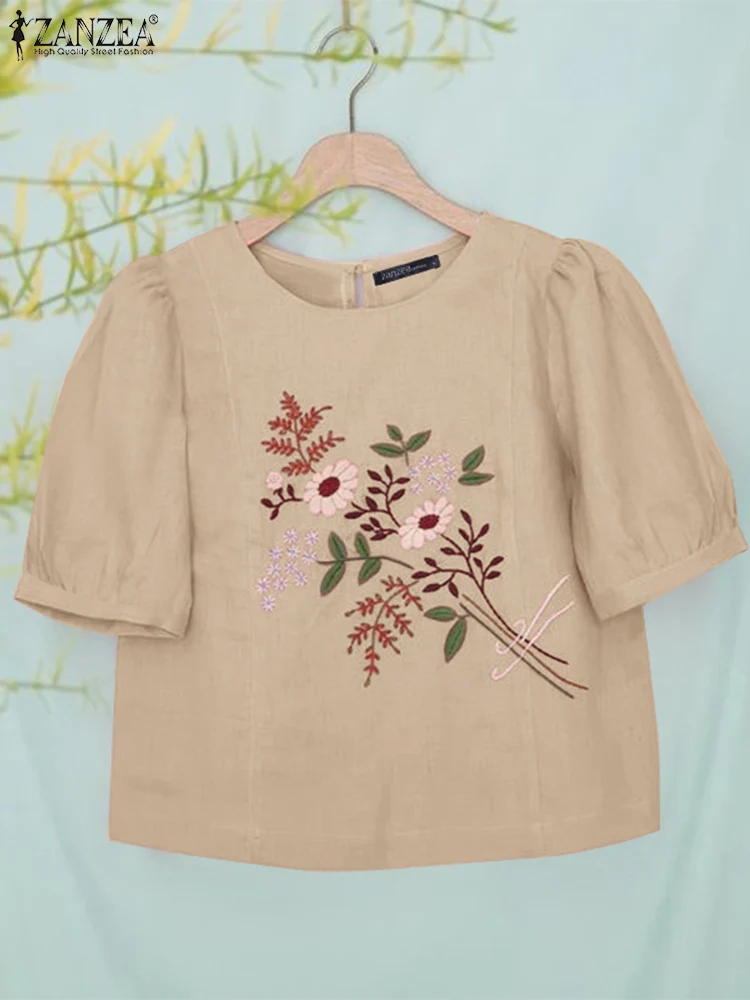 

ZANZEA 2024 Fashion Short Puff Sleeve Blusas Floral Embroidery Casual Everyday Holiday Summer Shirts Tops Women O Neck Blouses