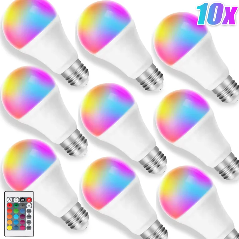 

1-10 шт. E27 RGB лампа с регулируемой яркостью, умная 24-клавишная лампа с дистанционным управлением, многоцветная неоновая лампа для домашней вечеринки, спальни, гостиной, декора