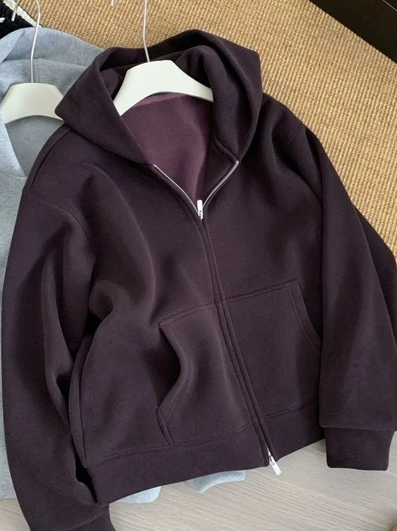 Korean Style Purple Hooded Shoulder Length Sweatshirt Jacket Women's New Autumn plus Size Air Cotton Outerwear Cardigan Top