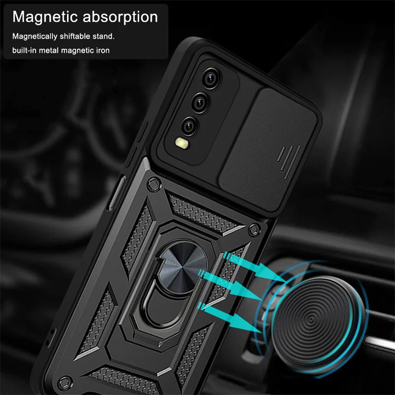 Shockproof Armor Case For Vivo Y20 Y20i Y20s Camera Lens Protection Funda for Vivo Y30 Car Magnetic Holder Ring Stand Back Cover