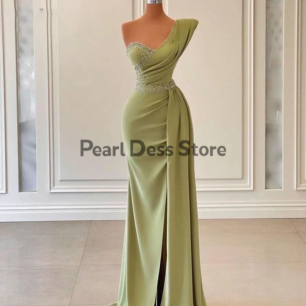 

Elegant Light Green Sexy Mermaid Evening Dress Dubai Arab One Shoulder Sleeve Pleated Beaded Party Dress High Split Dress Dress