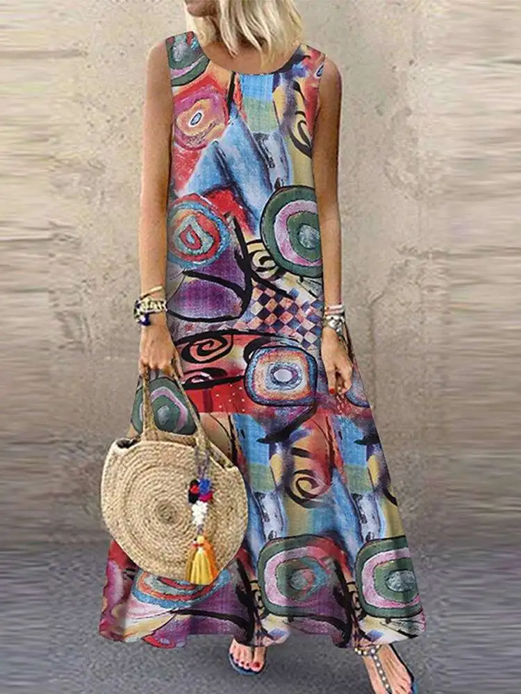 ZANZEA kobiety kwiatowe w stylu boho drukowane Sundress letnia sukienka bez rękawów szata Femme Vintage Kaftan plaża Vestido Sarafans Oversize