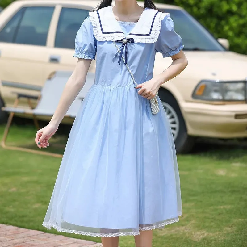 2026 Summer Dresses Sky Blue Kid Baby Party Sailor Mesh Princess Girls Mid Long Lace Teenager Dress Collar 4 8 10 12 14 Years
