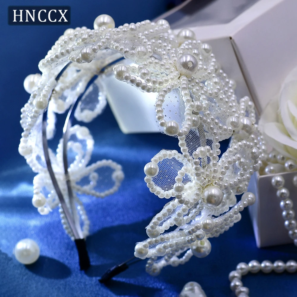 

HNCCX Handmade Full Pearl Wedding Headband Beaded Flower Head Coron For Girl Bride Hair Accessories Crown Brides Tiara CP695