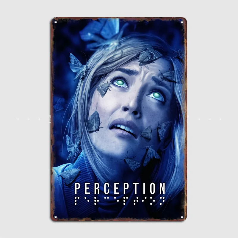 Perception: Woman with Moths, Intense Gaze Poster Metal Sign Room Decor Custom Bedroom Home Wall Decor Posters Room Decoration