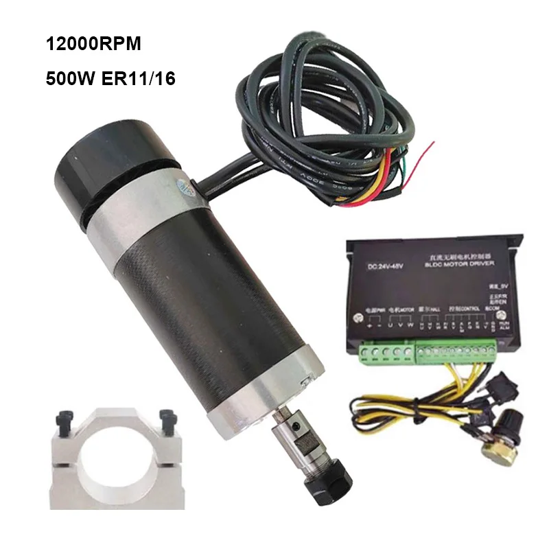 12000RPM DC48V 500W ER11 500WER16 Brushless Spindle Motor Kit 48V Brushless Motor Driver ﻿+ 55MM Clamp