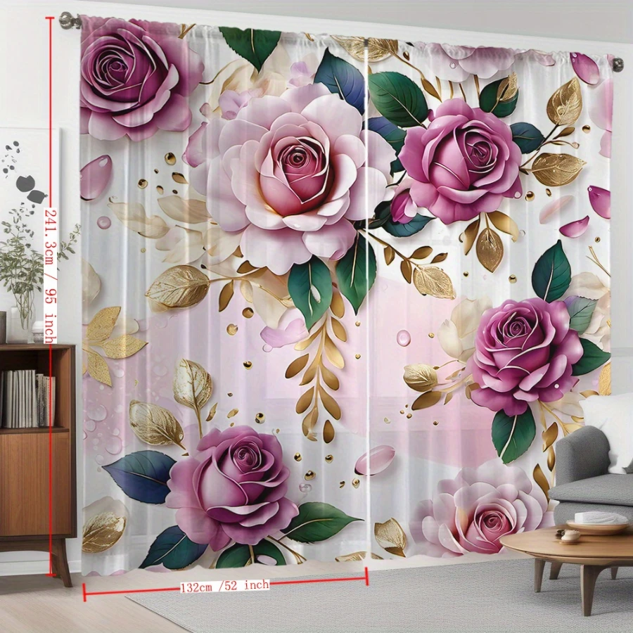 2PCS Digital Print Sheer Curtain, Purple Crystal Flower Wonderland Pattern, Luxurious Dreamy Gemstone Fantasy Magic Style Decor
