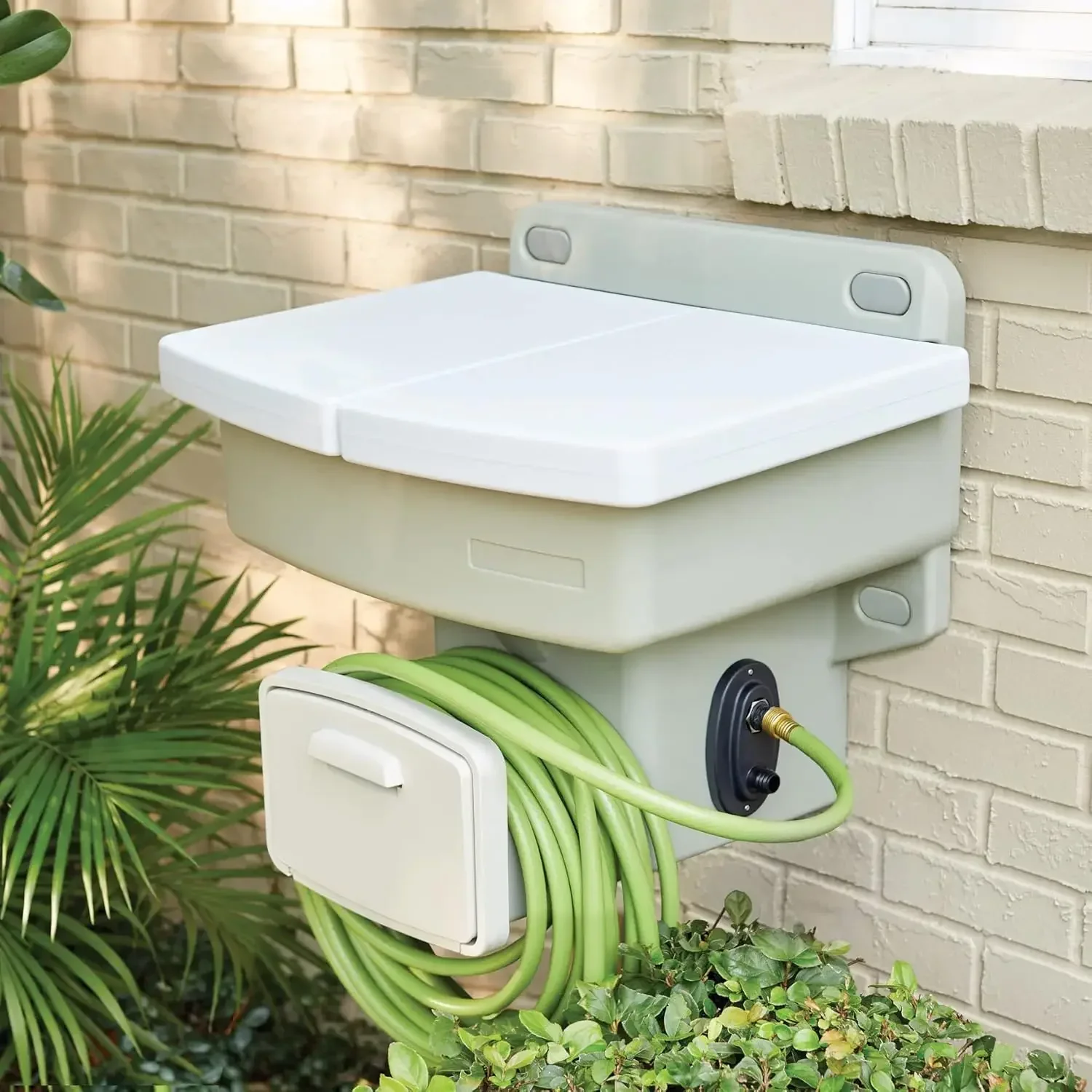 Outdoor Wall Mounted Outdoor Garden Sink w/Hose Holder - No Plumbing Required Mountable Outdoor Faucet - White