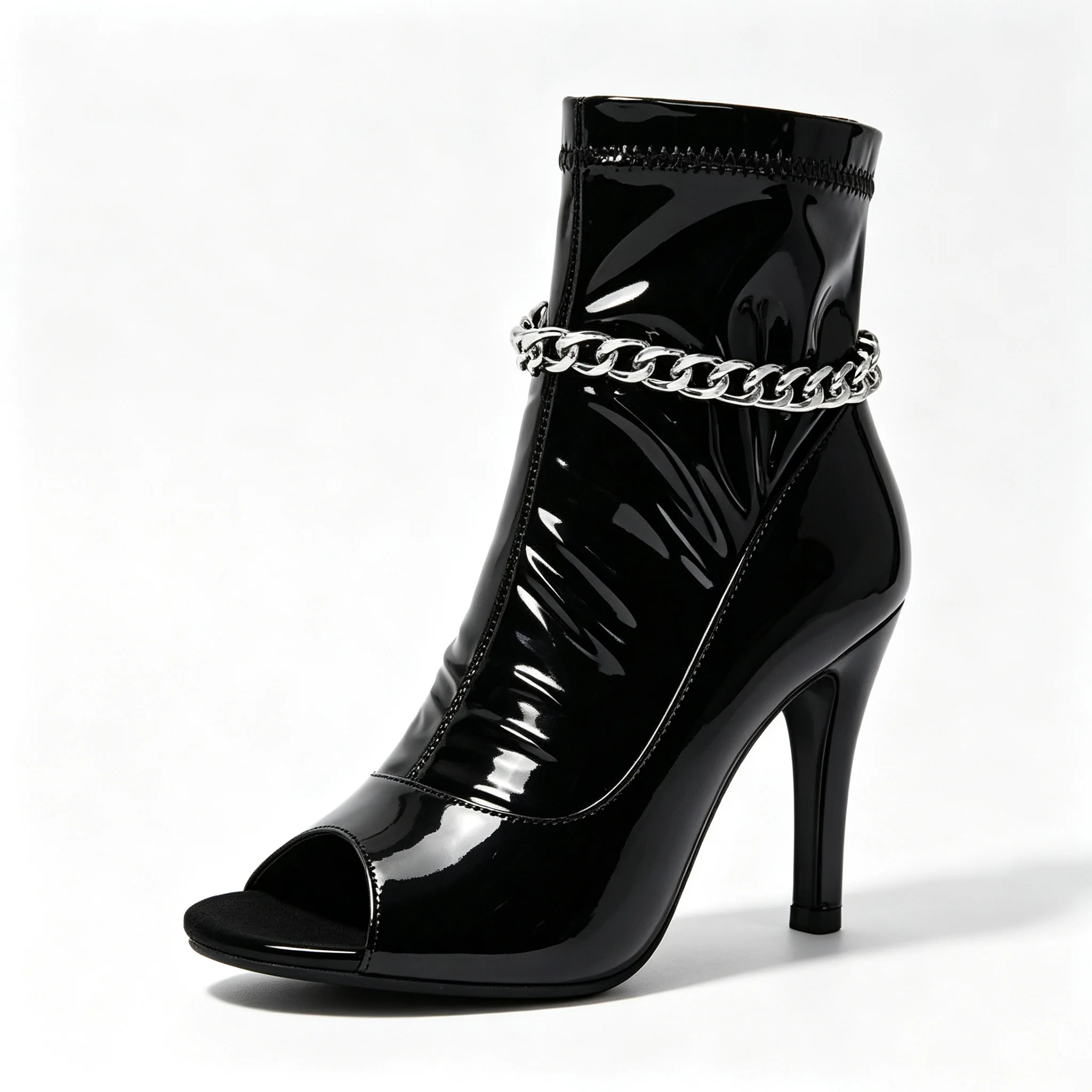 Women Peep Toe Ankle Dance Boots Glossy PU Stiletto Heel Latin Salsa Dance Shoes Black Metal Chain Party Stage Dancing Sandals