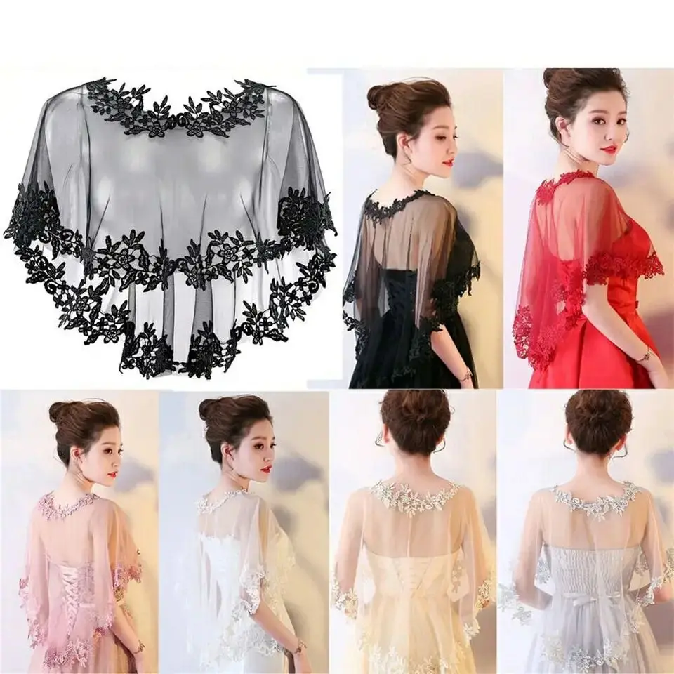 O-collo pizzo manica corta da sposa elegante donna mantello estate nero Applique Tulle sera Prom Cape scialle Cosplay