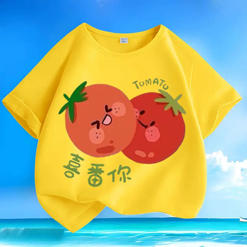 Cotton Summer New Cartoon Vegetable Tomato Short Sleeve Small and Medium Children's Round Neck T-shirt Casual Parent Child Top