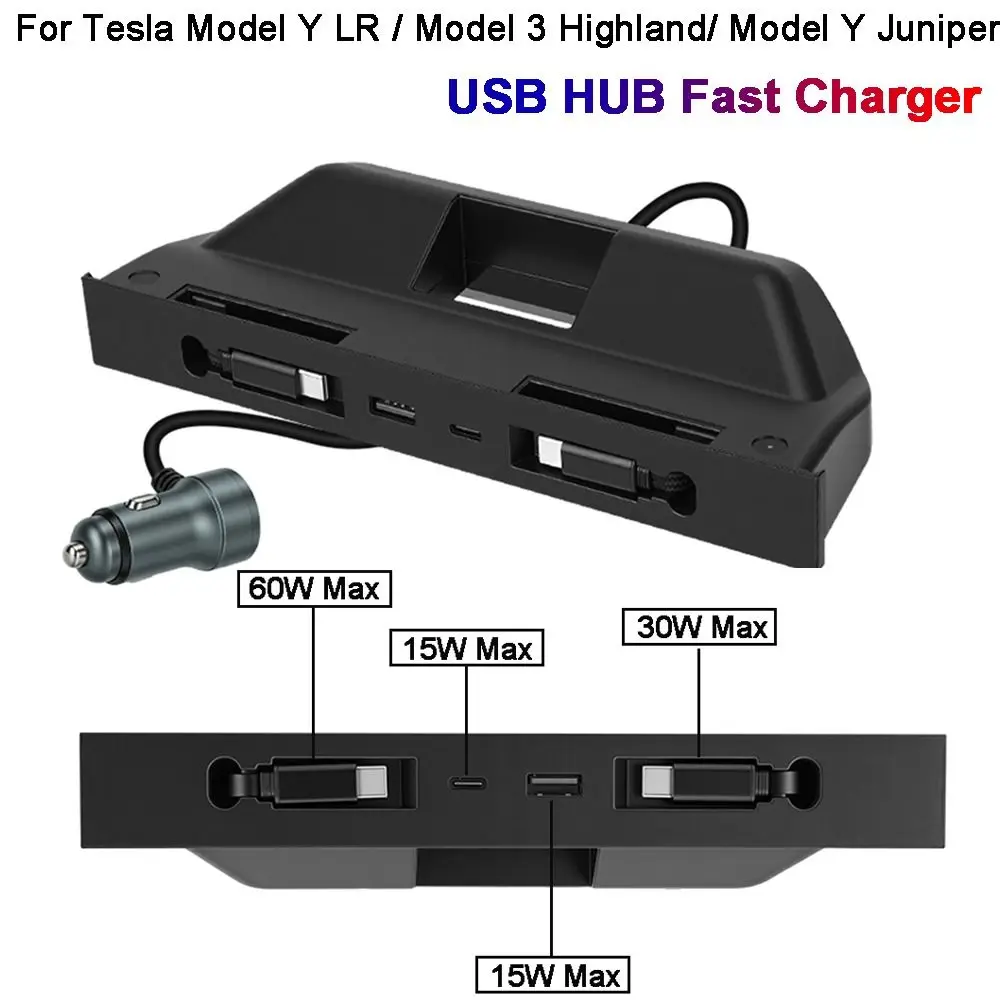 Hidden Center Console USB HUB Retractable Cable Type-C Charge Hub for Tesla Model Y Juniper/ Model Y LR / Model 3 Highland