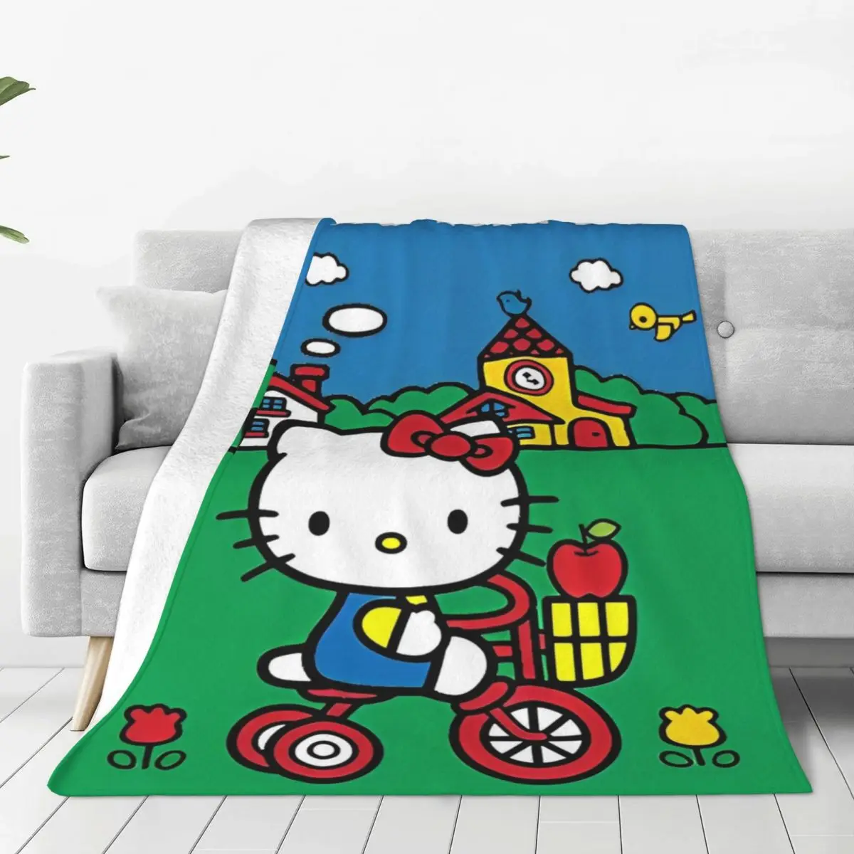 Hello Kitty Riding A Bicycle Soft Warm Blanket Camping Plush Throw Blanket Aesthetic Home Decor Flannel Bedspread Sofa Bed Cover