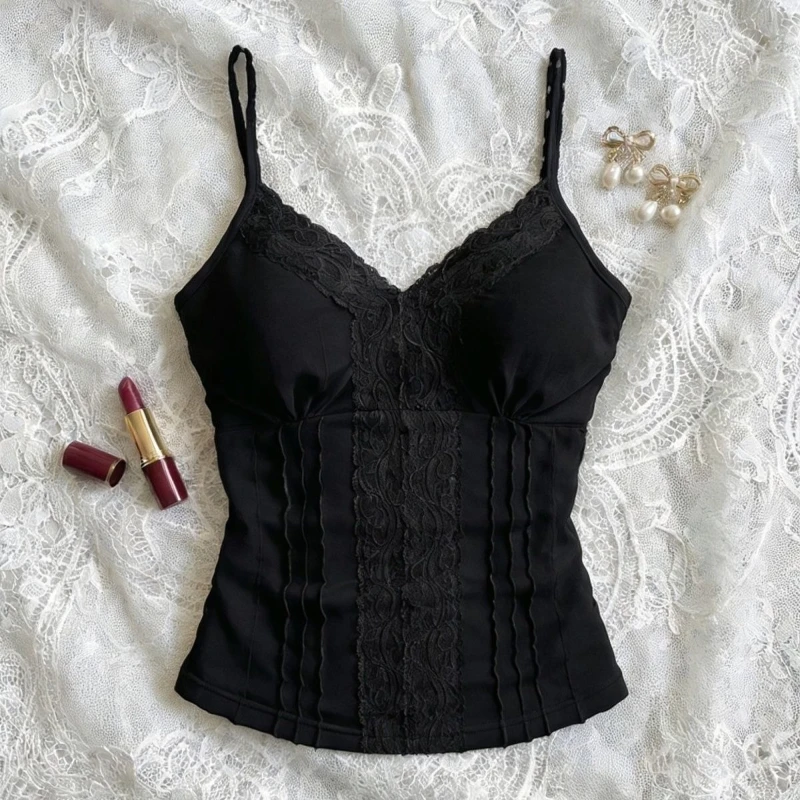 Large Size Vintage Lace Sling Solid Skinny Vest Women Design Casual Hot Girl Slim Short Sleeveless Tees Female Hepburn Clothes