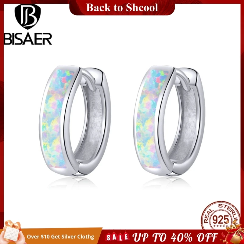 BISAER 100% 925 Sterling Silver Round Ear Clip Circle Hoop Earrings Opal Plated platinum For Women Wedding Luxury Jewelry Gift