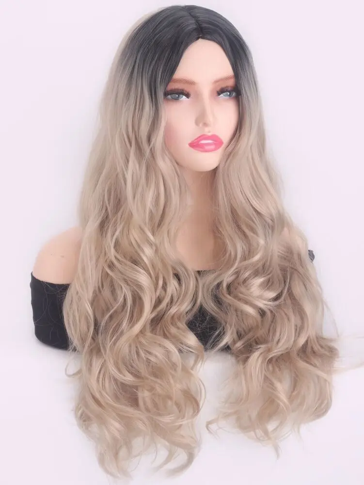 100% Human Hair New Women\'s Long Natural golden blond Wavy Full 28 Inch Wigs