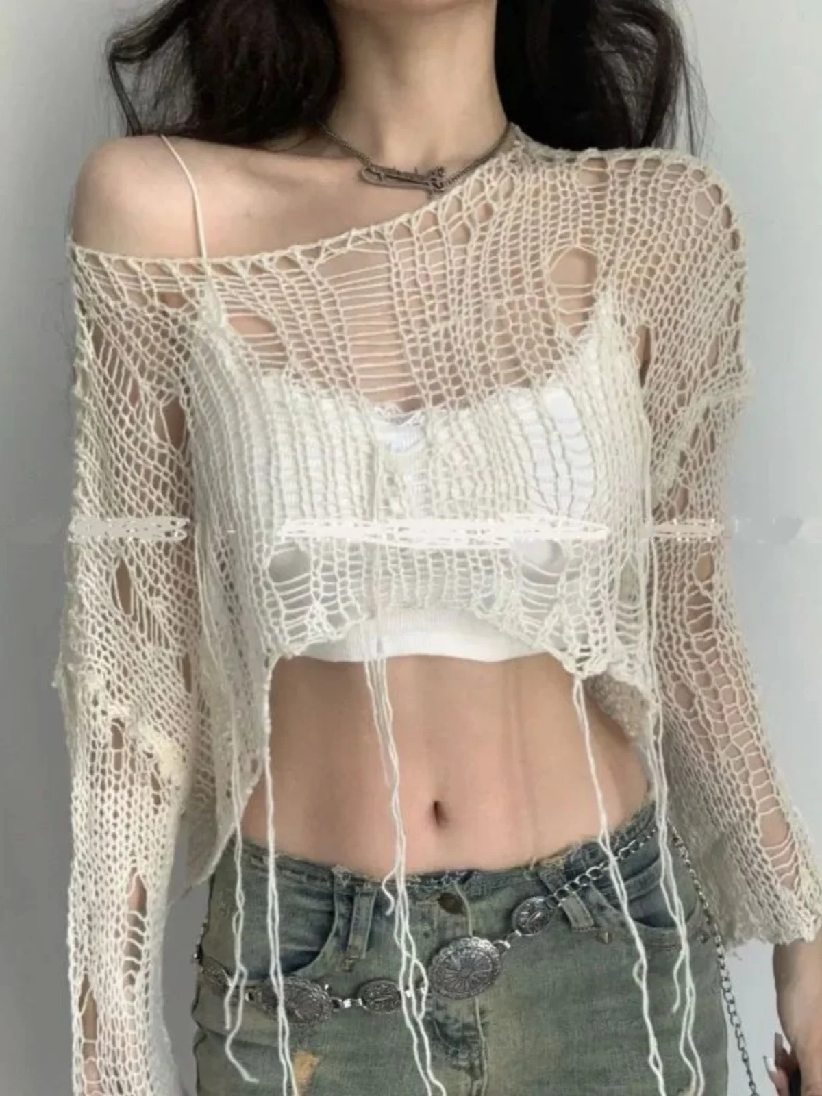 

Повседневный свободный чехол irt Hollow Perspective Street Sle Long Sve round Ne ort Length Тонкая ткань TING Другая одежда