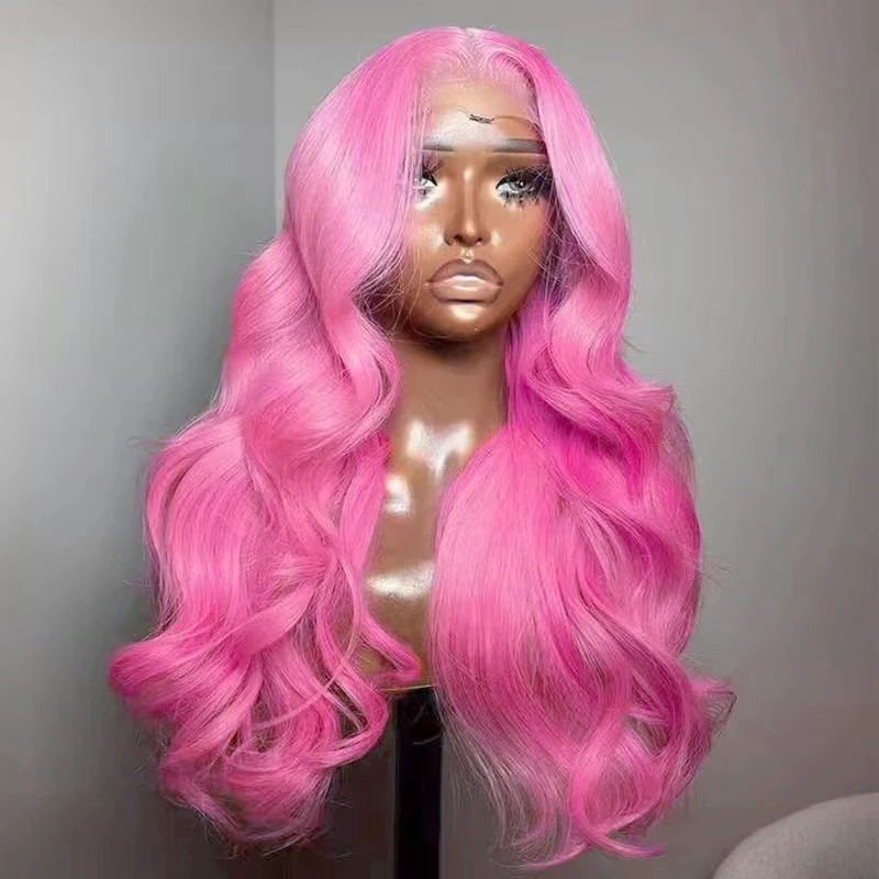 AIMEYA Pink Lace Front Wig for Women Girls Middle Part Long Body Wave Pink Wig Heat Resistant Syntheic Daily Cosplay Party Wig