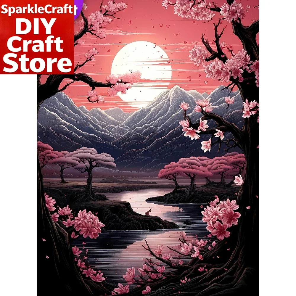 1 Stück rahmenlose Diamant-Stickerei, Berg- und Flusslandschaft, DIY-Gemälde, Sonnenuntergang, voll quadratisch, rund, Diamant-Mosaik, Baum, handgefertigt