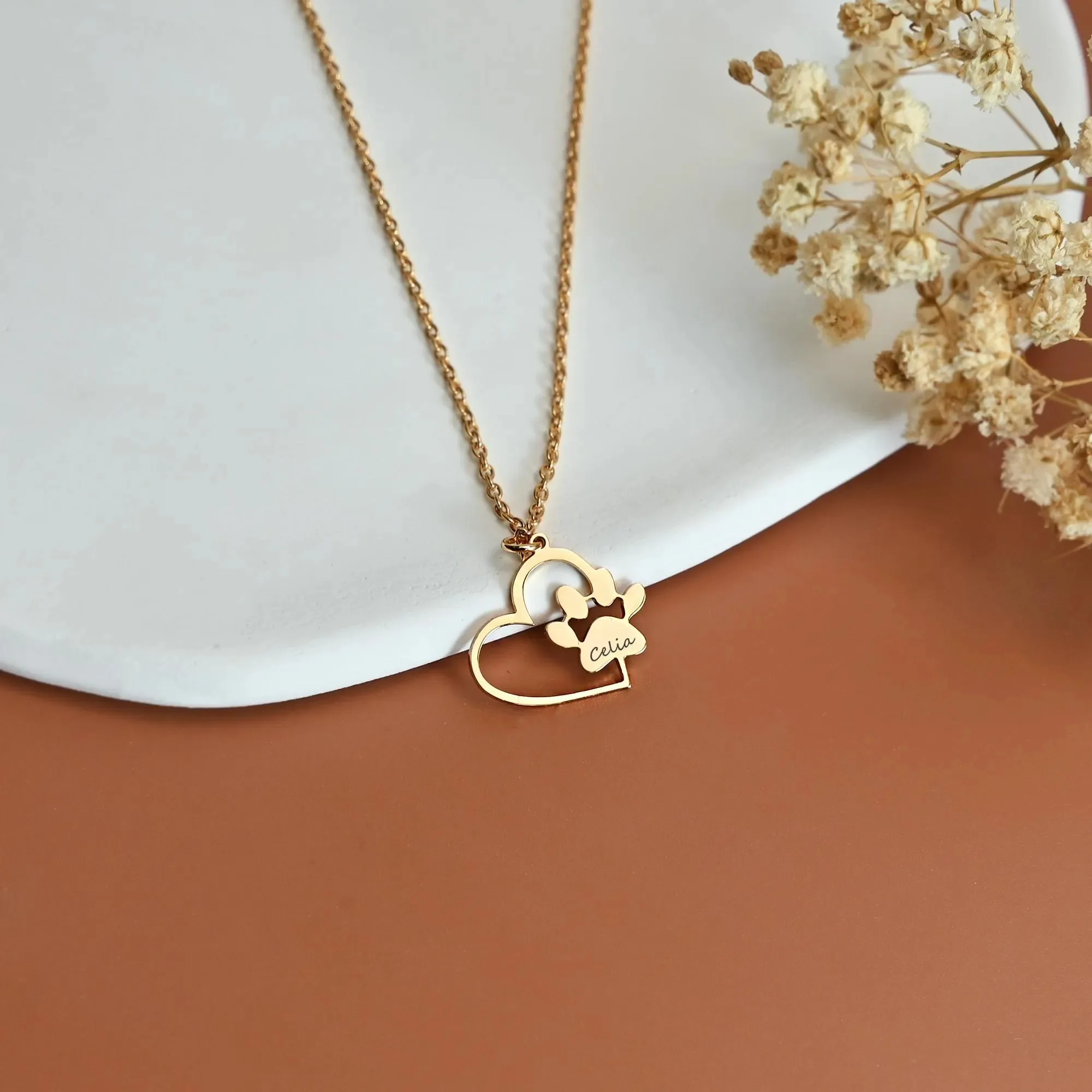 Personalization Engraved Name Heart Paw Necklace Custom Name with Paw Print Pet Memorial Jewelry Pet Lover Gift for Women
