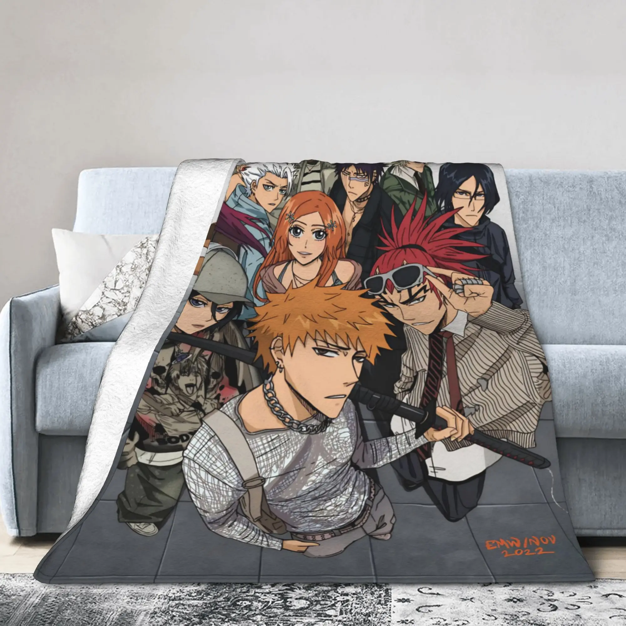 Kurosaki Ichigo Blanket Cover Flannel Bleaches Anime Lightweight Throw Blankets for Airplane Travel Bed Rug