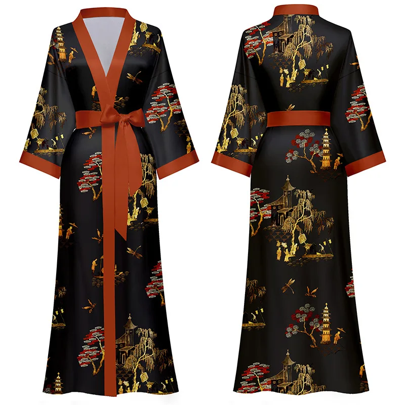 Bata larga Kimono con estampado negro para mujer, ropa de dormir Sexy, camisón informal de media manga, vestido de satén para el hogar, primavera y