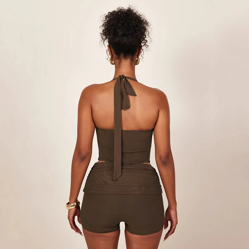 Ensemble 2 pièces sexy à lacets pour femmes, corset en arête de poisson dos nu, court précieux, short Y +, olympiques streetwear décontractés, olympiques Wlwear