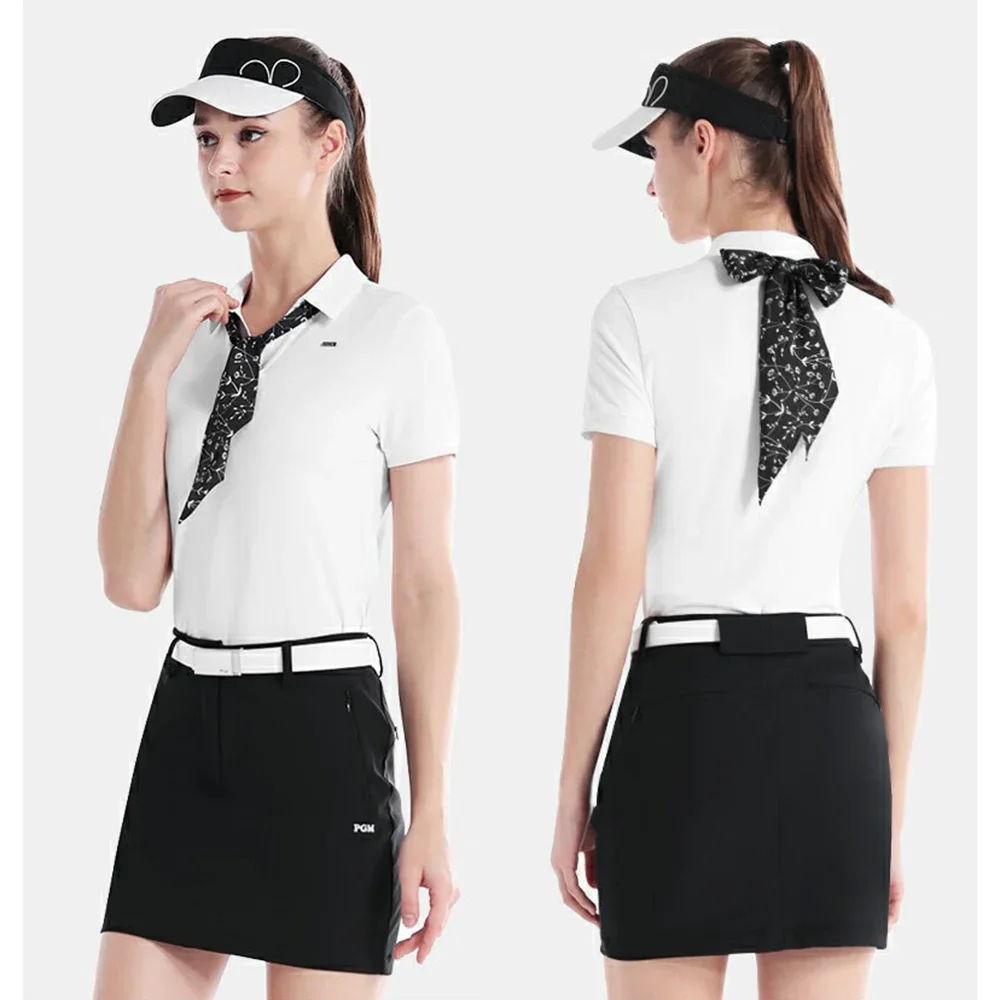 PGM Quick Drying Golf Sports T-shirt Lady High Elastic Short-sleeved Top Summer Breathable V-neck Polo Shirt YF669