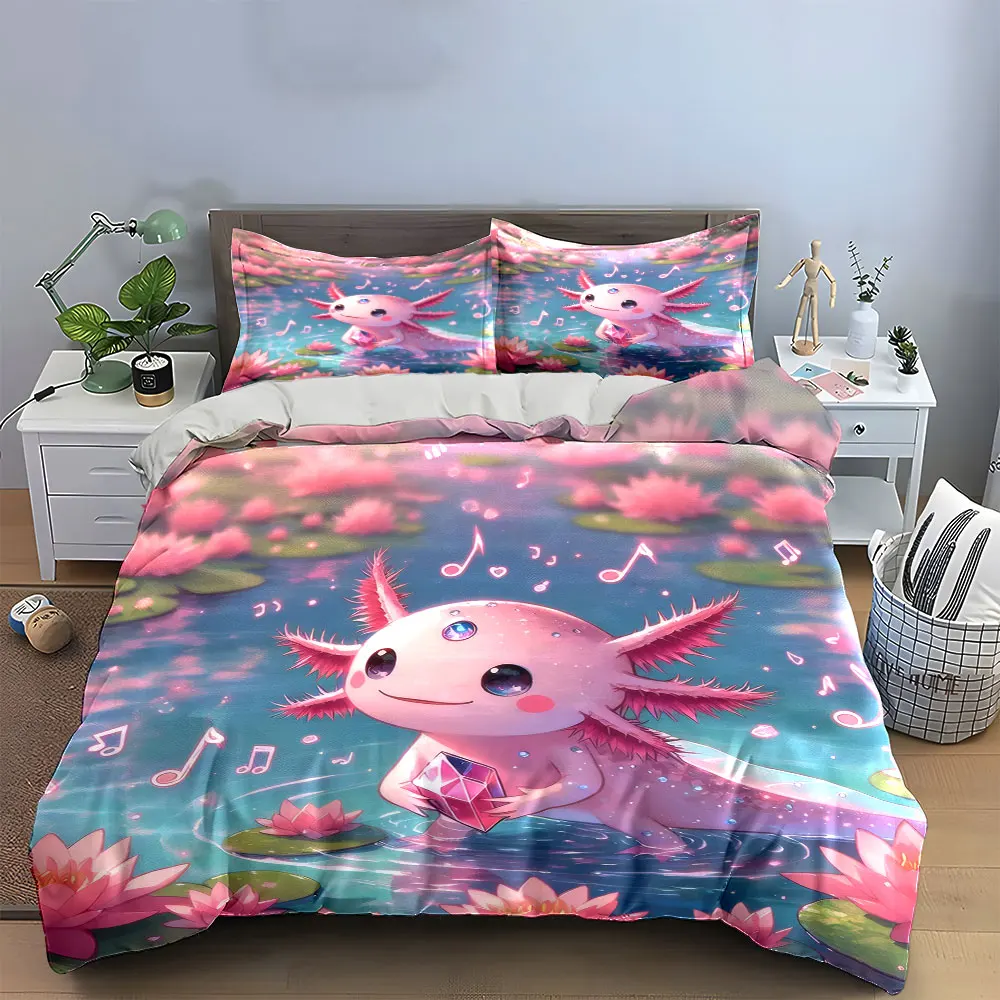 

3Pcs Cute Axolotl Bedding Set, Pink Axolotl with Crystal and Water Lilies Print Duvet Cover + 2 Pillowcases,Room Kawaii Decor